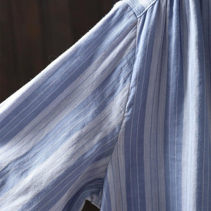 Buddha Stones Fall Vertical Stripes Button Down Stand Collar Long Sleeve Women's Cotton Shirt - image 10