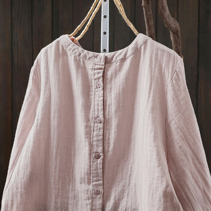 Buddha Stones Fall Crew Neck Back Button Down Design Long Sleeve Women's Cotton Shirt - image 5