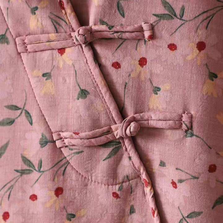 Buddha Stones Winter Flower Green Leaves Frog-Button Stand Collar Long Sleeve Women's Cotton Shirt - image 7