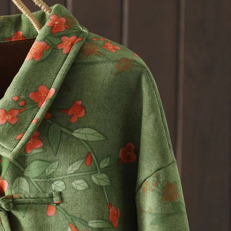 Buddha Stones Winter Flower Green Leaves Frog-Button Stand Collar Long Sleeve Women's Cotton Shirt - image 11