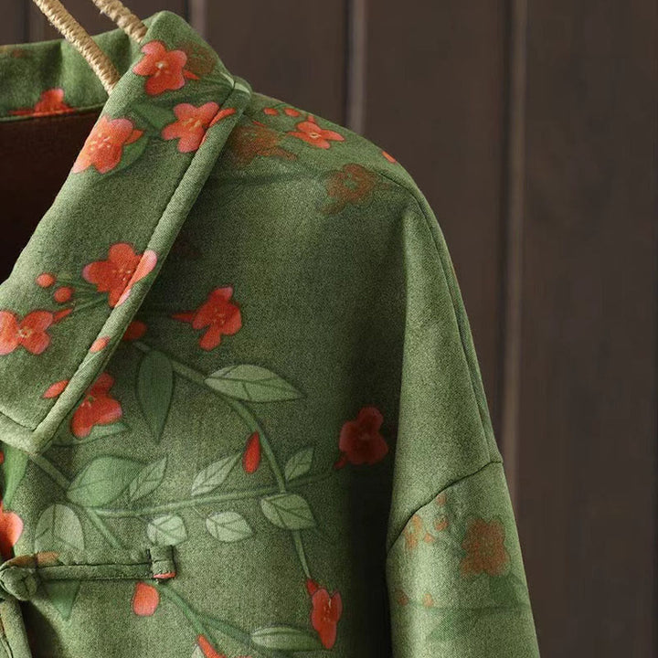 Buddha Stones Winter Flower Green Leaves Frog-Button Stand Collar Long Sleeve Women's Cotton Shirt - image 11