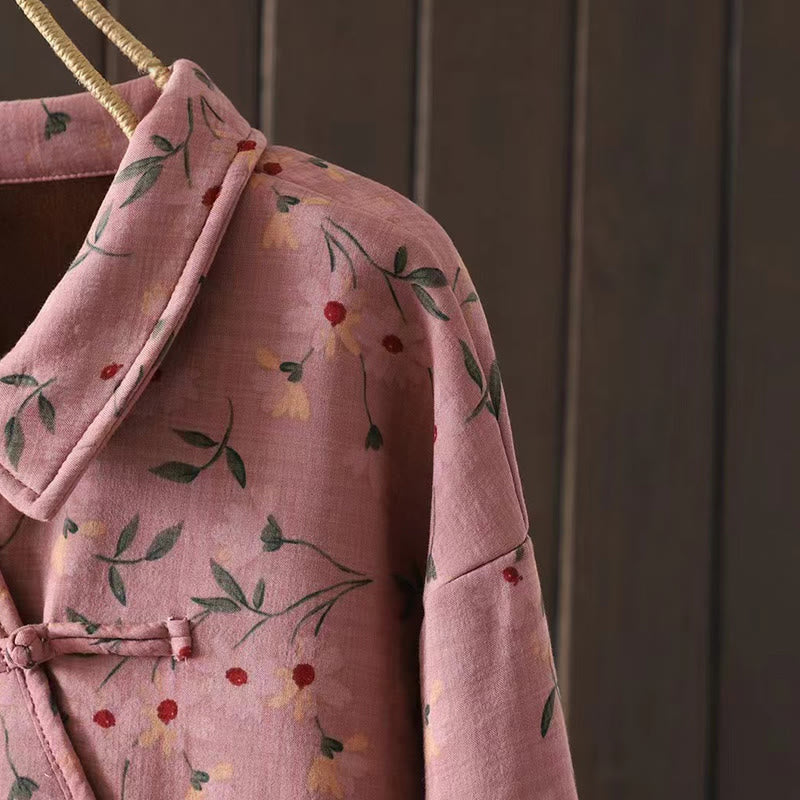 Buddha Stones Winter Flower Green Leaves Frog-Button Stand Collar Long Sleeve Women's Cotton Shirt - image 6