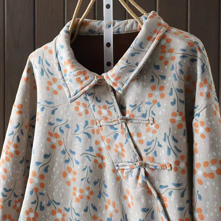 Buddha Stones Winter Flower Green Leaves Frog-Button Stand Collar Long Sleeve Women's Cotton Shirt - image 14