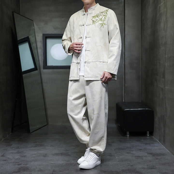 Buddha Stones 2Pcs Spring Dragon Bamboo Clouds Men's Tang Suit Frog-Button Cotton Long Sleeve Jacket Pants Set With Pockets - Linen - US/UK/AU46，EU56 (5XL) - image 0