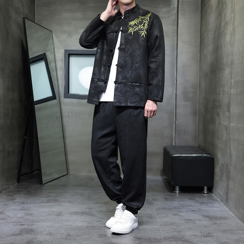 Buddha Stones 2Pcs Spring Dragon Bamboo Clouds Men's Tang Suit Frog-Button Cotton Long Sleeve Jacket Pants Set With Pockets - Black - US/UK/AU46，EU56 (5XL) - image 21