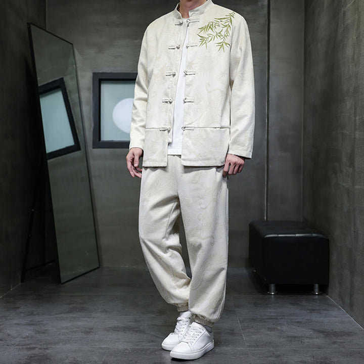 Buddha Stones 2Pcs Spring Dragon Bamboo Clouds Men's Tang Suit Frog-Button Cotton Long Sleeve Jacket Pants Set With Pockets - image 5