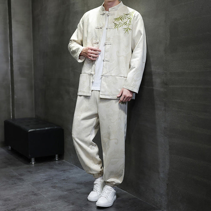 Buddha Stones 2Pcs Spring Dragon Bamboo Clouds Men's Tang Suit Frog-Button Cotton Long Sleeve Jacket Pants Set With Pockets - image 2