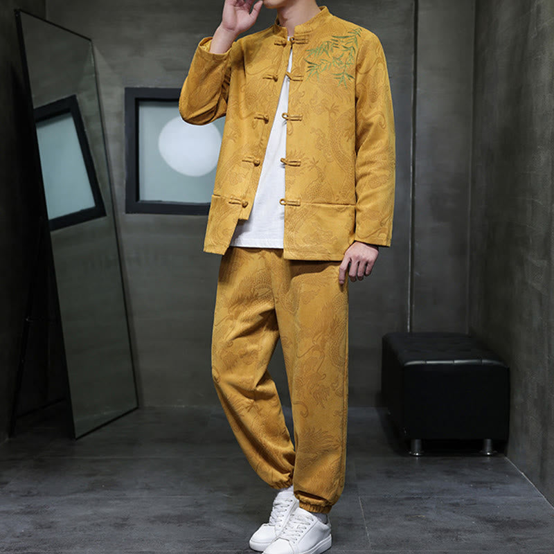 Buddha Stones 2Pcs Spring Dragon Bamboo Clouds Men's Tang Suit Frog-Button Cotton Long Sleeve Jacket Pants Set With Pockets - image 14