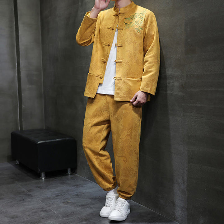 Buddha Stones 2Pcs Spring Dragon Bamboo Clouds Men's Tang Suit Frog-Button Cotton Long Sleeve Jacket Pants Set With Pockets - image 16