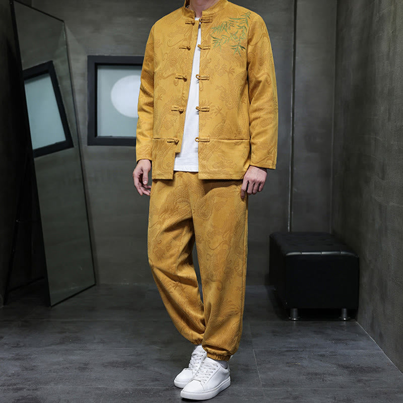 Buddha Stones 2Pcs Spring Dragon Bamboo Clouds Men's Tang Suit Frog-Button Cotton Long Sleeve Jacket Pants Set With Pockets - image 15