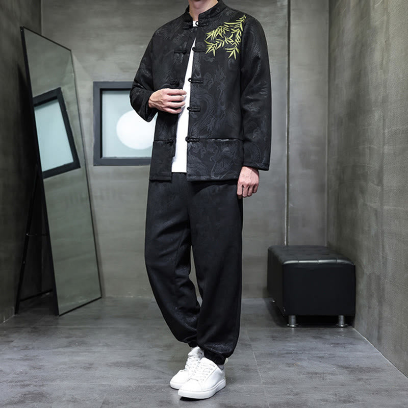 Buddha Stones 2Pcs Spring Dragon Bamboo Clouds Men's Tang Suit Frog-Button Cotton Long Sleeve Jacket Pants Set With Pockets - image 28