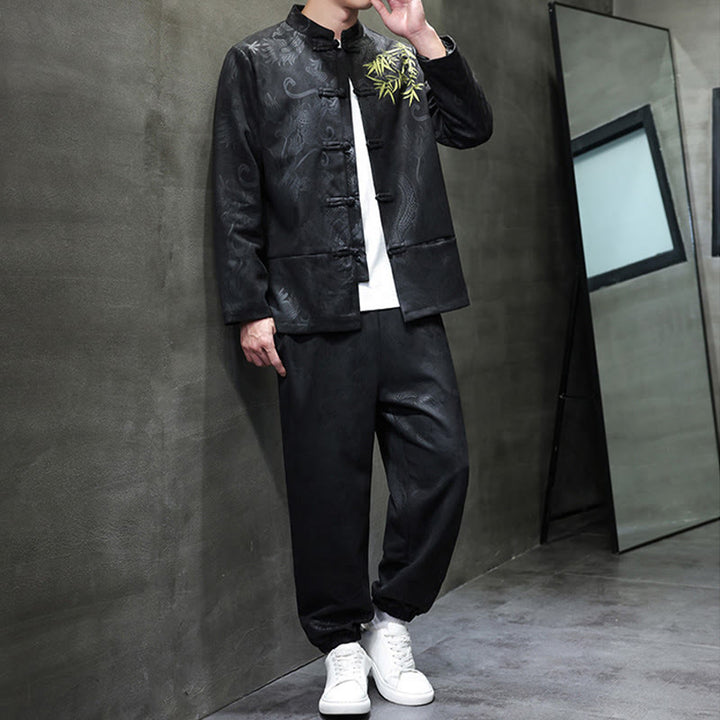 Buddha Stones 2Pcs Spring Dragon Bamboo Clouds Men's Tang Suit Frog-Button Cotton Long Sleeve Jacket Pants Set With Pockets - image 22