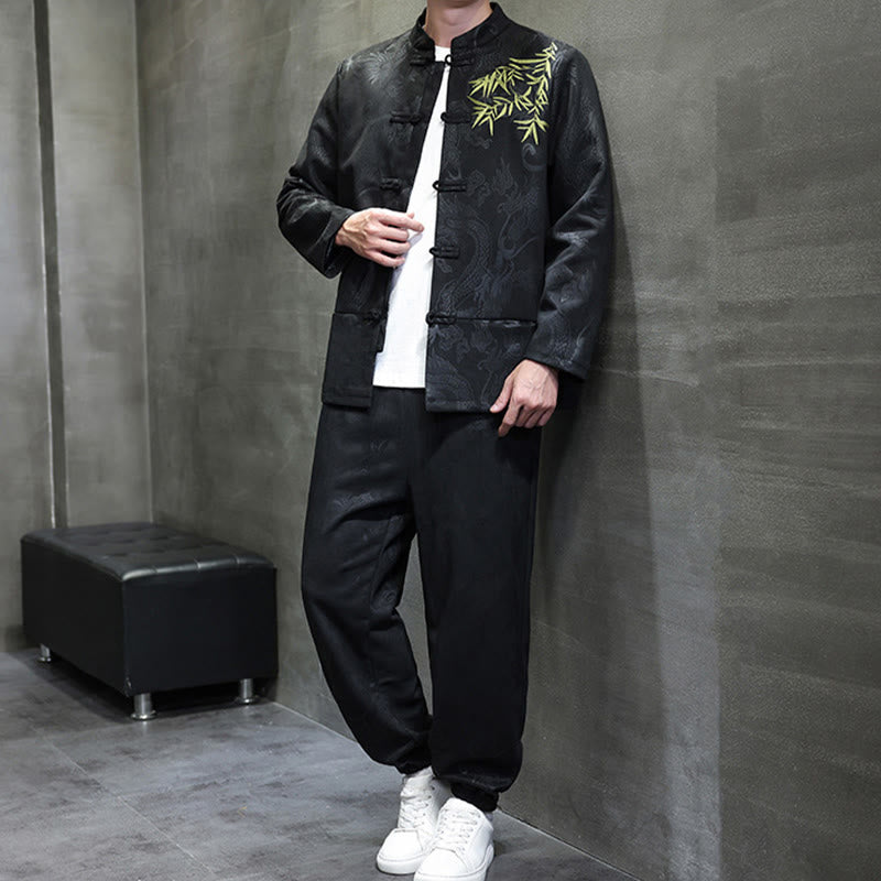 Buddha Stones 2Pcs Spring Dragon Bamboo Clouds Men's Tang Suit Frog-Button Cotton Long Sleeve Jacket Pants Set With Pockets - image 25