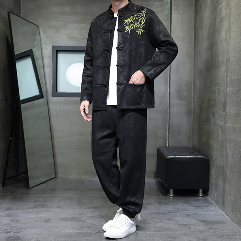 Buddha Stones 2Pcs Spring Dragon Bamboo Clouds Men's Tang Suit Frog-Button Cotton Long Sleeve Jacket Pants Set With Pockets - image 23