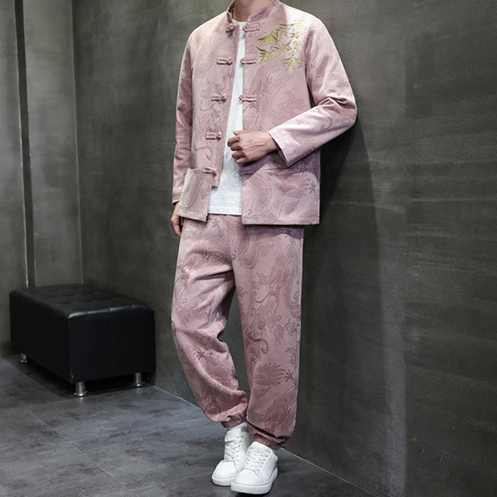 Buddha Stones 2Pcs Spring Dragon Bamboo Clouds Men's Tang Suit Frog-Button Cotton Long Sleeve Jacket Pants Set With Pockets - image 36