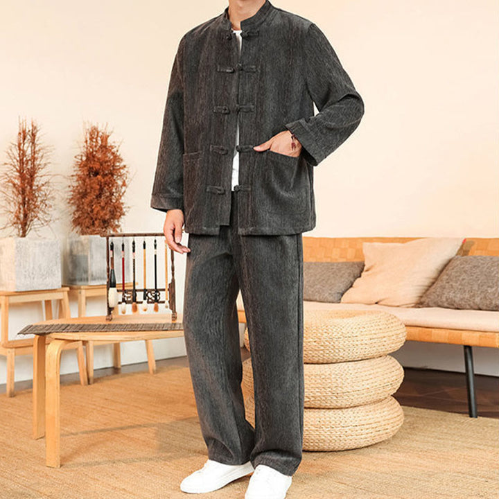 Buddha Stones 2Pcs Winter Thick Men's Tang Suit Frog-Button Cotton Corduroy Long Sleeve Jacket Pants Set With Pockets - image 9