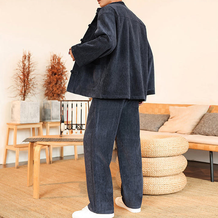 Buddha Stones 2Pcs Winter Thick Men's Tang Suit Frog-Button Cotton Corduroy Long Sleeve Jacket Pants Set With Pockets - image 11