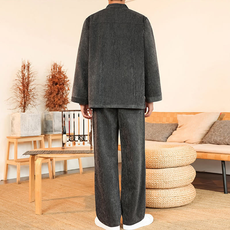 Buddha Stones 2Pcs Winter Thick Men's Tang Suit Frog-Button Cotton Corduroy Long Sleeve Jacket Pants Set With Pockets - image 12