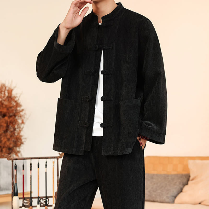 Buddha Stones 2Pcs Winter Thick Men's Tang Suit Frog-Button Cotton Corduroy Long Sleeve Jacket Pants Set With Pockets - image 30