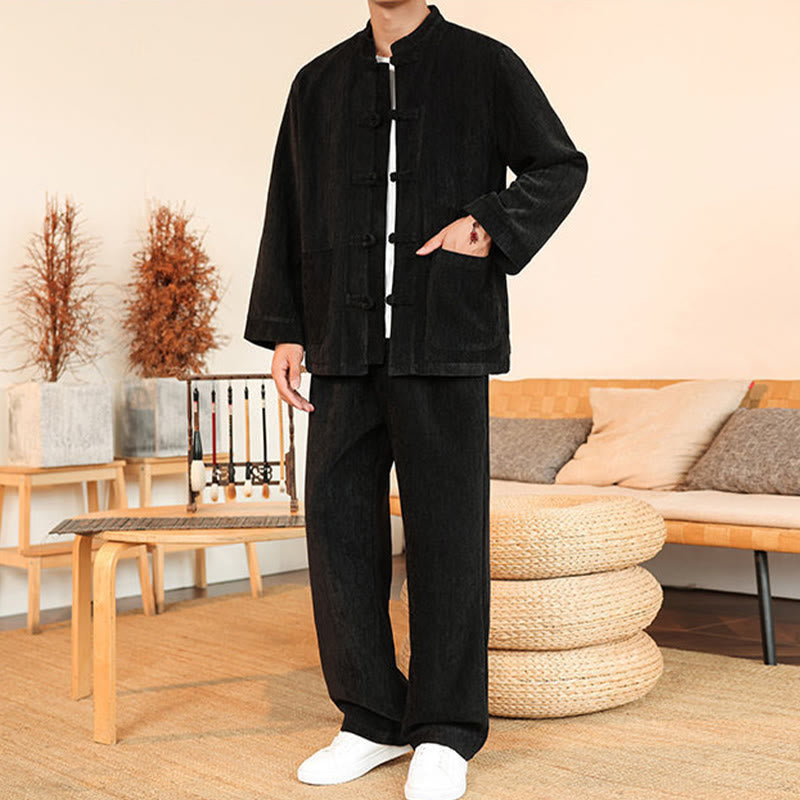 Buddha Stones 2Pcs Winter Thick Men's Tang Suit Frog-Button Cotton Corduroy Long Sleeve Jacket Pants Set With Pockets - image 28