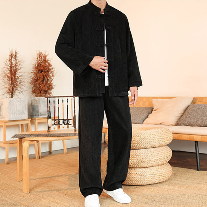 Buddha Stones 2Pcs Winter Thick Men's Tang Suit Frog-Button Cotton Corduroy Long Sleeve Jacket Pants Set With Pockets - image 26