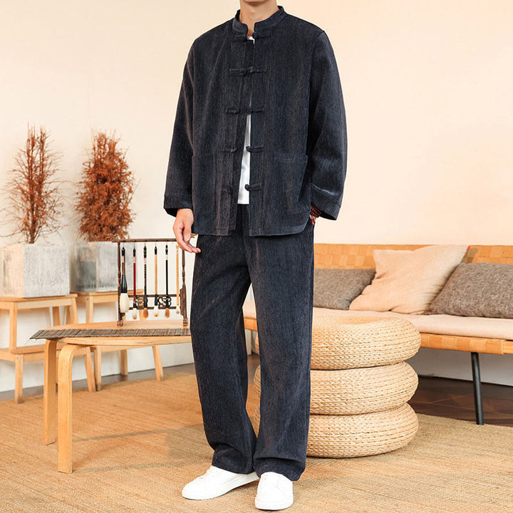 Buddha Stones 2Pcs Winter Thick Men's Tang Suit Frog-Button Cotton Corduroy Long Sleeve Jacket Pants Set With Pockets - image 4