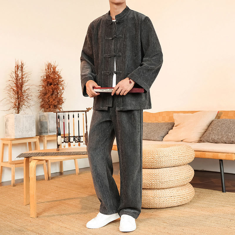 Buddha Stones 2Pcs Winter Thick Men's Tang Suit Frog-Button Cotton Corduroy Long Sleeve Jacket Pants Set With Pockets - image 10