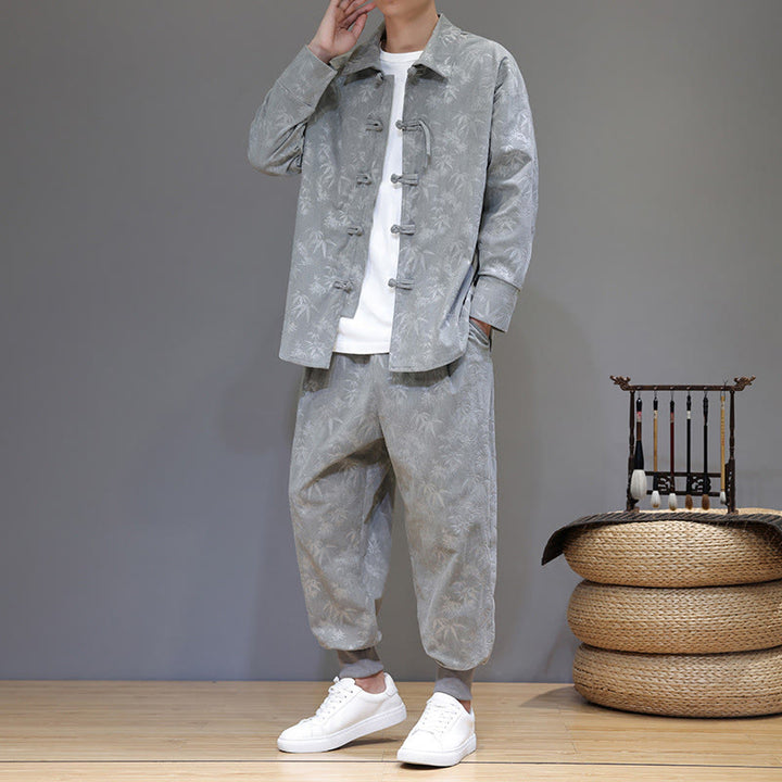 Buddha Stones 2Pcs Winter Thick Bamboo Men's Tang Suit Frog-Button Cotton Corduroy Long Sleeve Jacket Pants Set With Pockets - LightGrey - US/UK/AU46，EU56 (5XL) - image 8