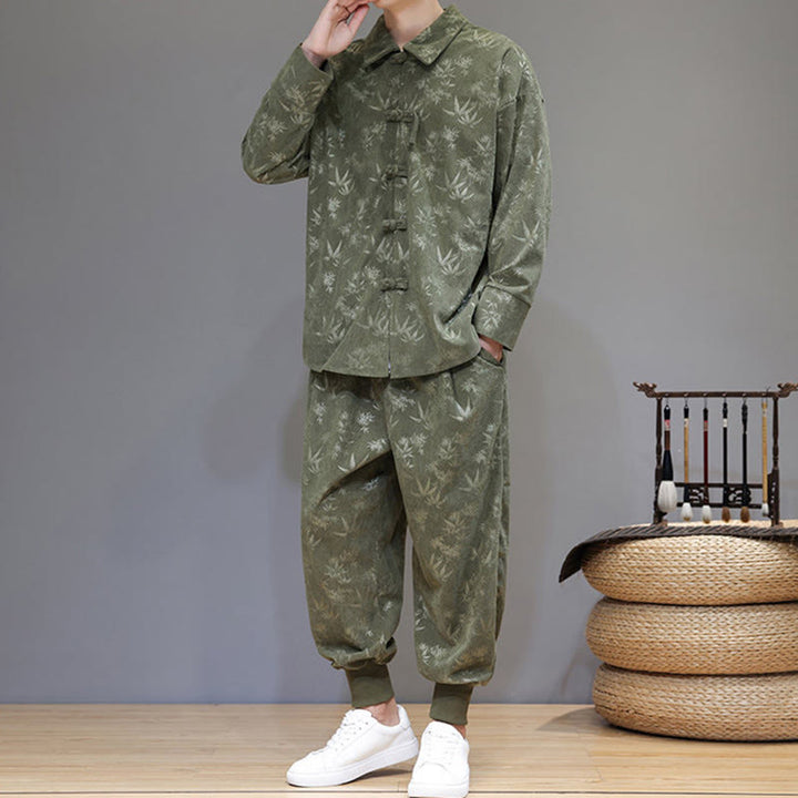 Buddha Stones 2Pcs Winter Thick Bamboo Men's Tang Suit Frog-Button Cotton Corduroy Long Sleeve Jacket Pants Set With Pockets - image 4