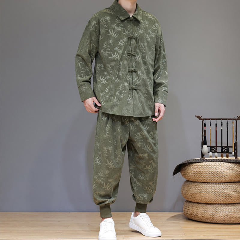 Buddha Stones 2Pcs Winter Thick Bamboo Men's Tang Suit Frog-Button Cotton Corduroy Long Sleeve Jacket Pants Set With Pockets - image 5