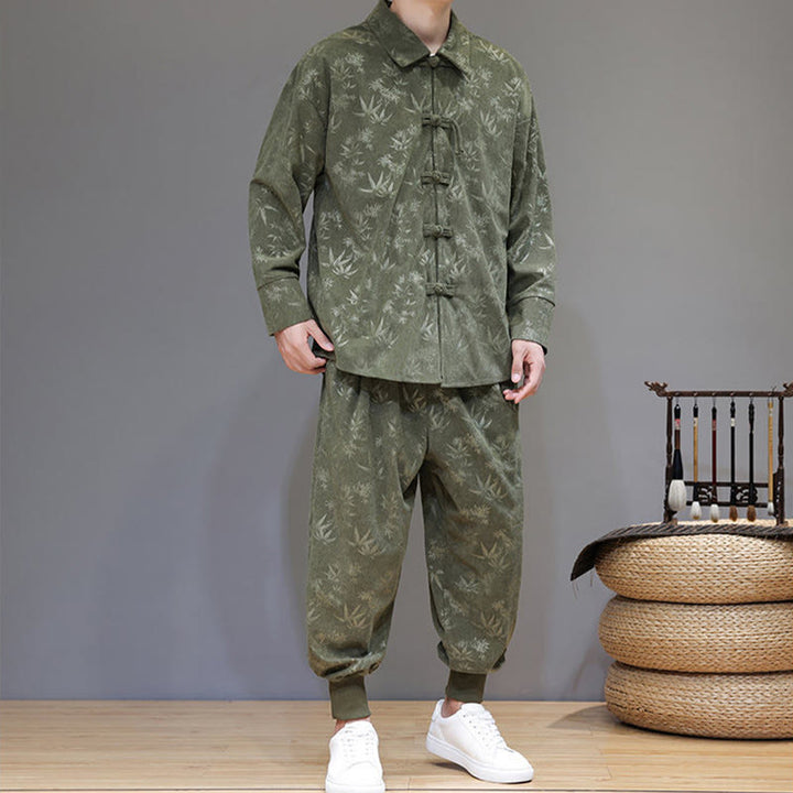 Buddha Stones 2Pcs Winter Thick Bamboo Men's Tang Suit Frog-Button Cotton Corduroy Long Sleeve Jacket Pants Set With Pockets - image 5