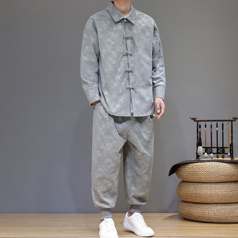 Buddha Stones 2Pcs Winter Thick Bamboo Men's Tang Suit Frog-Button Cotton Corduroy Long Sleeve Jacket Pants Set With Pockets - image 13