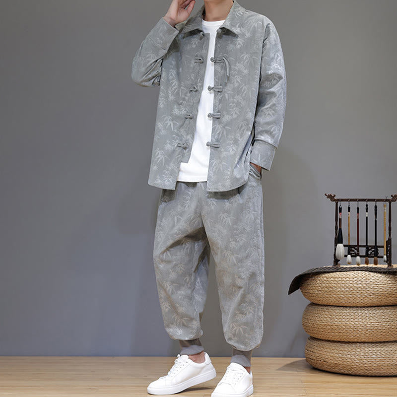 Buddha Stones 2Pcs Winter Thick Bamboo Men's Tang Suit Frog-Button Cotton Corduroy Long Sleeve Jacket Pants Set With Pockets - image 17