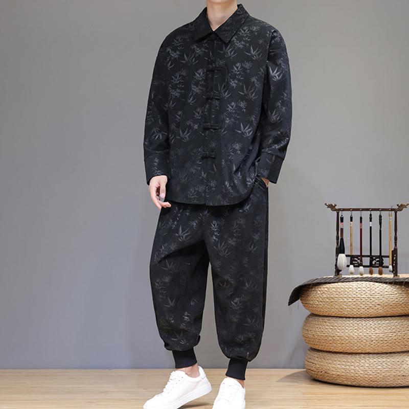 Buddha Stones 2Pcs Winter Thick Bamboo Men's Tang Suit Frog-Button Cotton Corduroy Long Sleeve Jacket Pants Set With Pockets - image 29