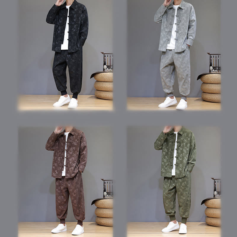 Buddha Stones 2Pcs Winter Thick Bamboo Men's Tang Suit Frog-Button Cotton Corduroy Long Sleeve Jacket Pants Set With Pockets - image 39