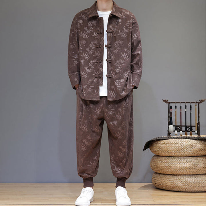 Buddha Stones 2Pcs Winter Thick Bamboo Men's Tang Suit Frog-Button Cotton Corduroy Long Sleeve Jacket Pants Set With Pockets - image 34