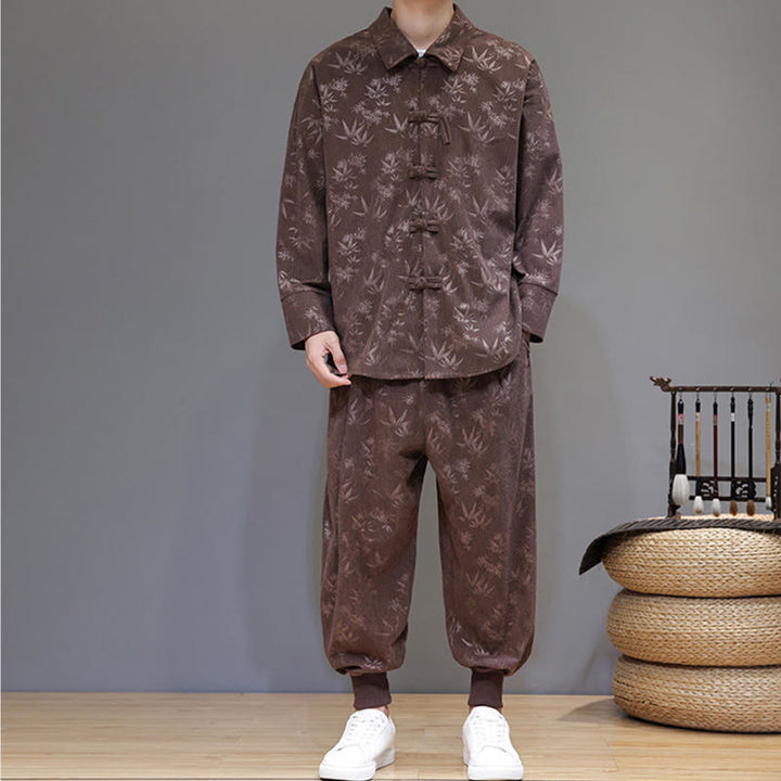 Buddha Stones 2Pcs Winter Thick Bamboo Men's Tang Suit Frog-Button Cotton Corduroy Long Sleeve Jacket Pants Set With Pockets - image 35