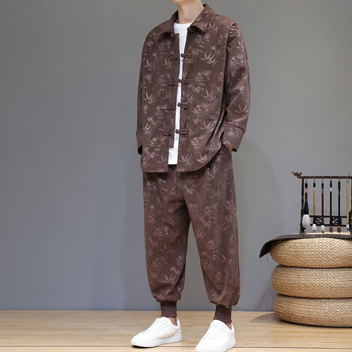 Buddha Stones 2Pcs Winter Thick Bamboo Men's Tang Suit Frog-Button Cotton Corduroy Long Sleeve Jacket Pants Set With Pockets - image 37
