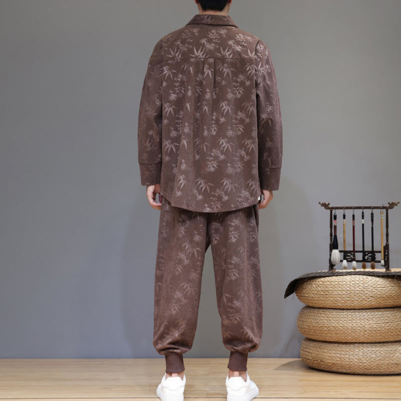 Buddha Stones 2Pcs Winter Thick Bamboo Men's Tang Suit Frog-Button Cotton Corduroy Long Sleeve Jacket Pants Set With Pockets - image 33