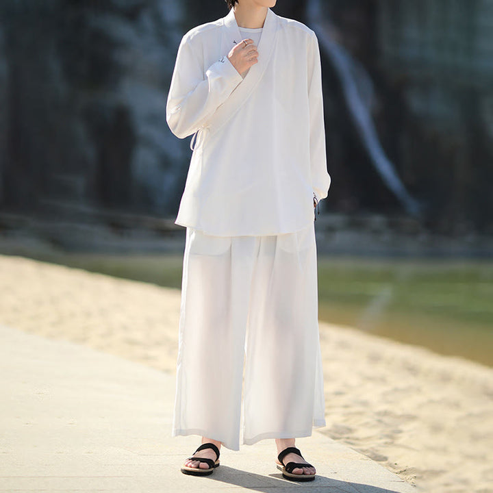 Buddha Stones 2Pcs Fall Lace-up Bamboo Embroidery Cotton Kimono Ankle-Length Pants With Pockets Men's Meditation Cloth Set - image 8