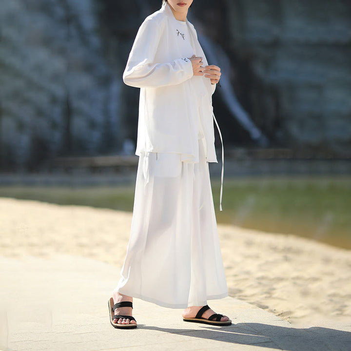 Buddha Stones 2Pcs Fall Lace-up Bamboo Embroidery Cotton Kimono Ankle-Length Pants With Pockets Men's Meditation Cloth Set - image 9