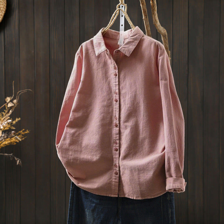 Buddha Stones Fall Solid Color Button Down Stand Collar Long Sleeve Women's Cotton Shirt - DarkSalmon - US6，UK/AU10，EU38 (L) - image 2