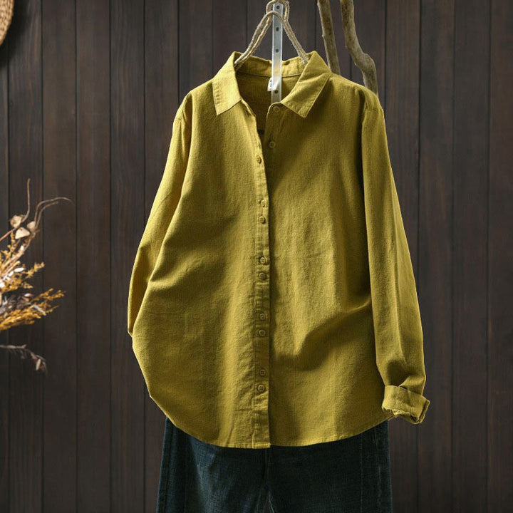 Buddha Stones Fall Solid Color Button Down Stand Collar Long Sleeve Women's Cotton Shirt - YellowGreen - US6，UK/AU10，EU38 (L) - image 20