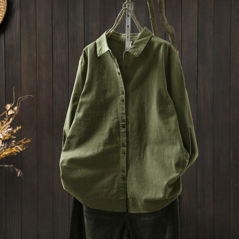 Buddha Stones Fall Solid Color Button Down Stand Collar Long Sleeve Women's Cotton Shirt - Green - US6，UK/AU10，EU38 (L) - image 22