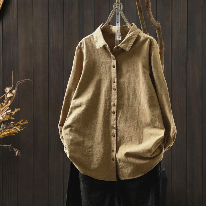 Buddha Stones Fall Solid Color Button Down Stand Collar Long Sleeve Women's Cotton Shirt - DarkKhaki - US6，UK/AU10，EU38 (L) - image 24