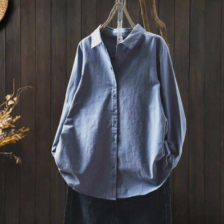 Buddha Stones Fall Solid Color Button Down Stand Collar Long Sleeve Women's Cotton Shirt - LightSkyBlue - US6，UK/AU10，EU38 (L) - image 26