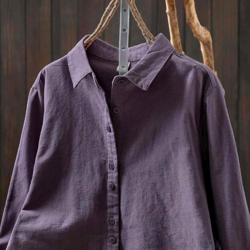 Buddha Stones Fall Solid Color Button Down Stand Collar Long Sleeve Women's Cotton Shirt - image 29