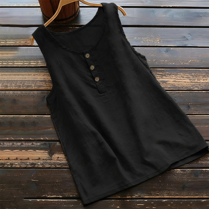 Buddha Stones Summer Pure Color Crew Collar Button Women's Vest Waistcoat - Black - US18，UK/AU22，EU50 (5XL) - image 0