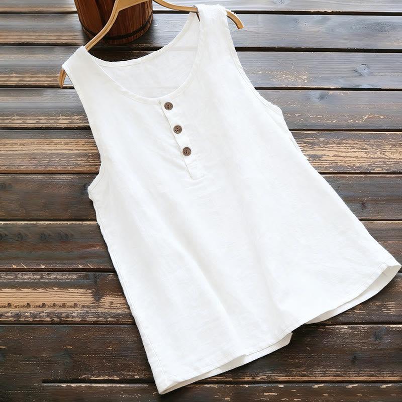 Buddha Stones Summer Pure Color Crew Collar Button Women's Vest Waistcoat - White - US18，UK/AU22，EU50 (5XL) - image 1