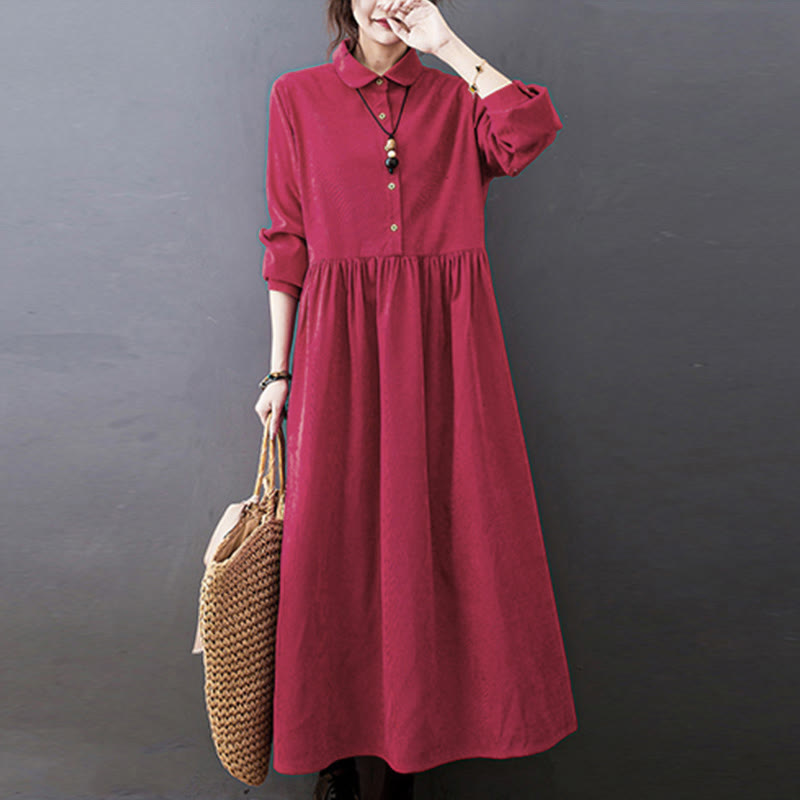 Buddha Stones Fall Buttons Design Long Sleeve Cotton Corduroy Midi Dress With Pockets - Red - US8-10，UK/AU12-14，EU40-42 (2XL) - image 9